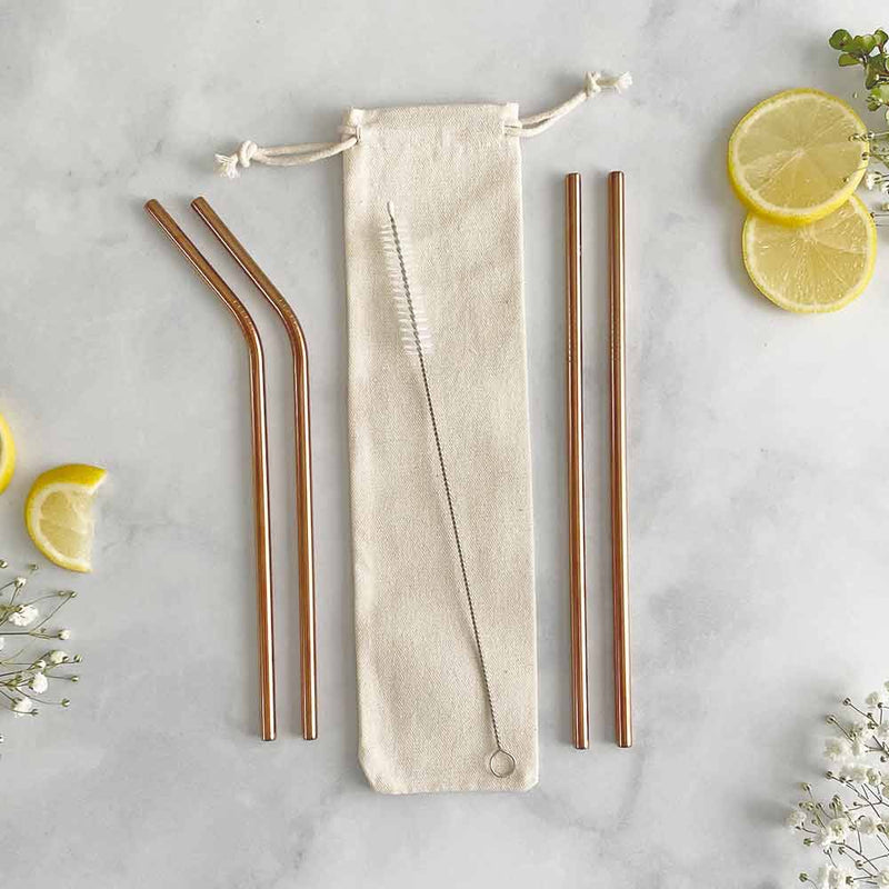 rose gold metal straws set