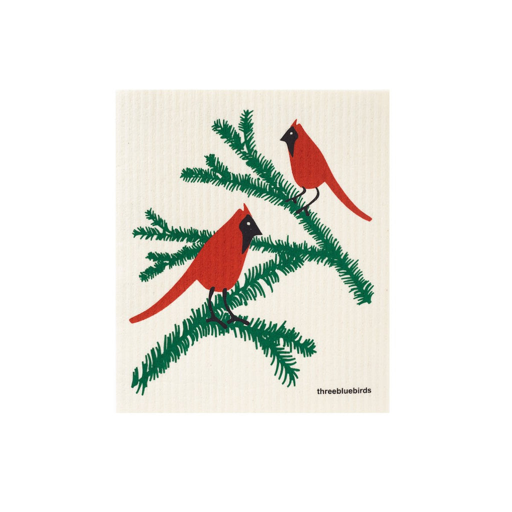 Three Bluebirds Swedish Dish Cloth Cardinals Holiday red